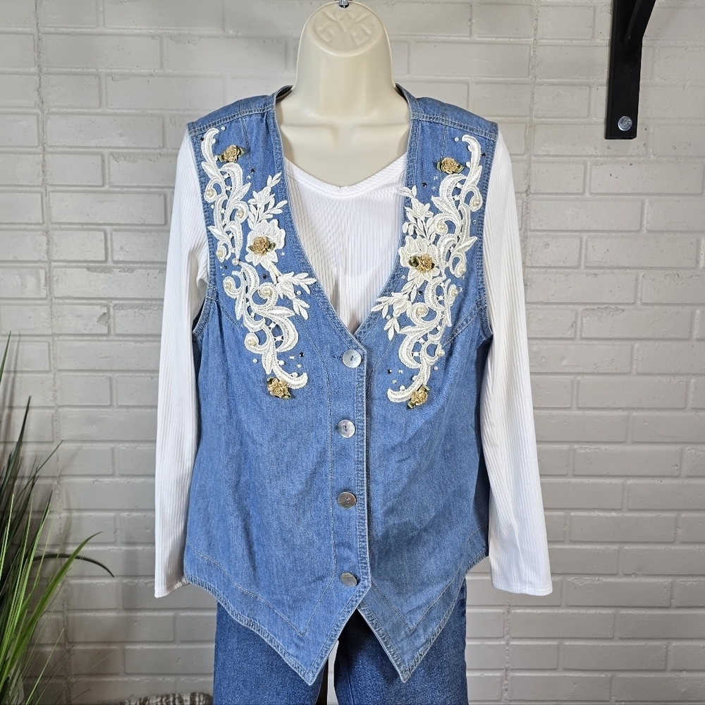Vintage Monique Fashions Denim Jean Embellished Button Up Vest Size 14
